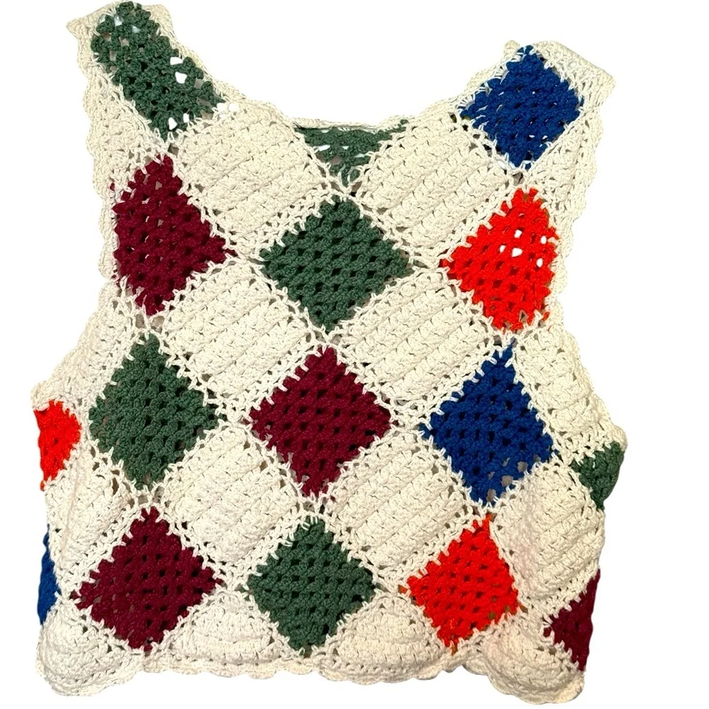 Girls Crochet Knit Crop Tank Top Multicolor Ramie Cotton